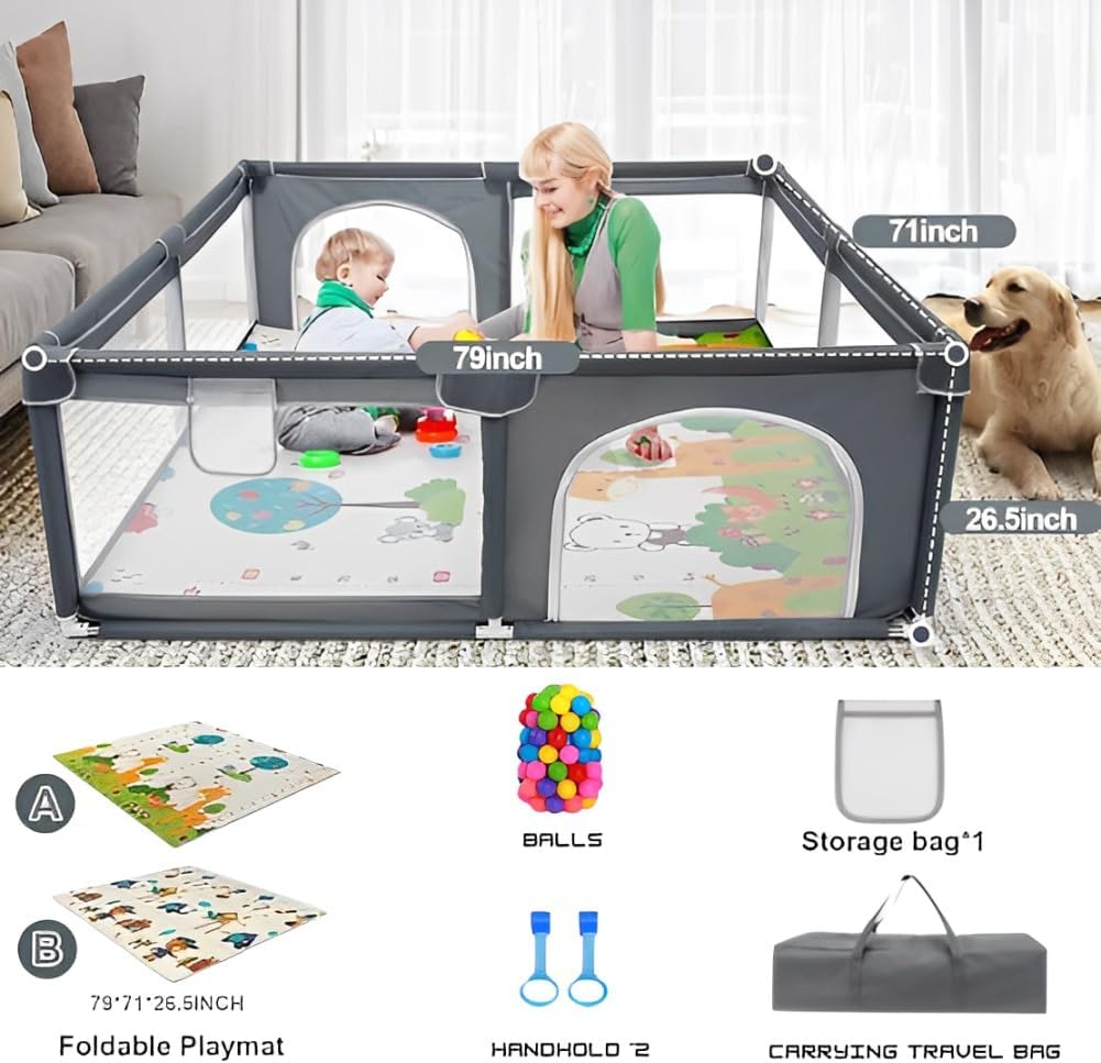 180x150 Baby Playpen with Mat,2 Pull Rings & Balls Foldable Indoor & Outdoor Toddler Play Yard Activity Center with Soft Foam Bumpers & Breathable Mesh Sides