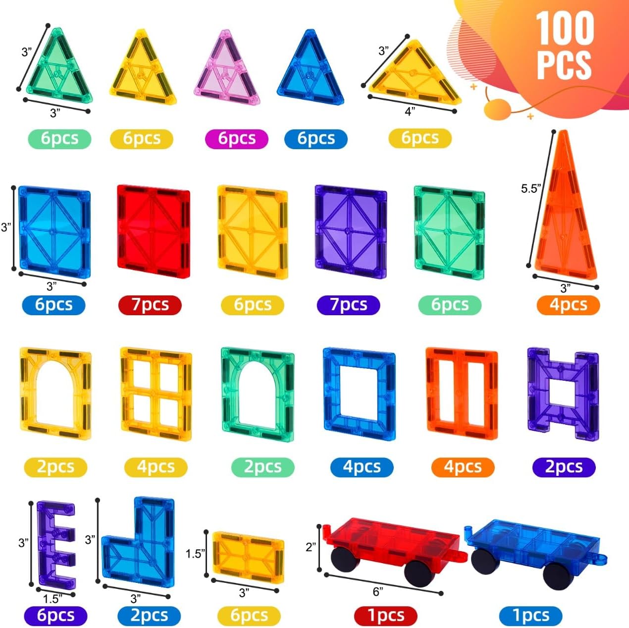 100-Piece Magnetic Tiles Building Blocks for Kids – STEM Educational Toys for Ages 3 4 5 6 7 8 Year Old, Preschool Learning Construction Set for Boys & Girls – Creative Montessori Sensory Play