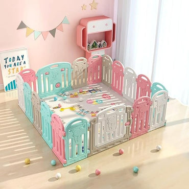 Baby Playpen with Mat 120 * 120, Play Yard for Babies and Toddlers, Safety Baby Fence, Indoor & Outdoor Kids Activity Play Center with 2 Pull Rings, 1 Mat, Anti-Slip Suckers and 2 Zipper Gate