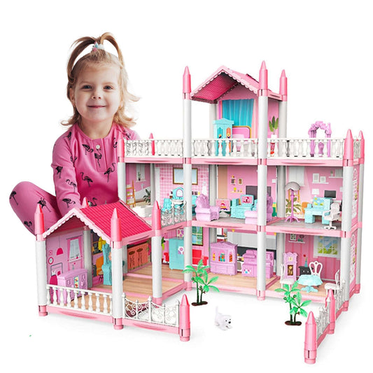 WESOUQ™  Doll House Dollhouse - 3 Story 9 Rooms Pink Diy Pretend Play Building Playset, Dollhouse