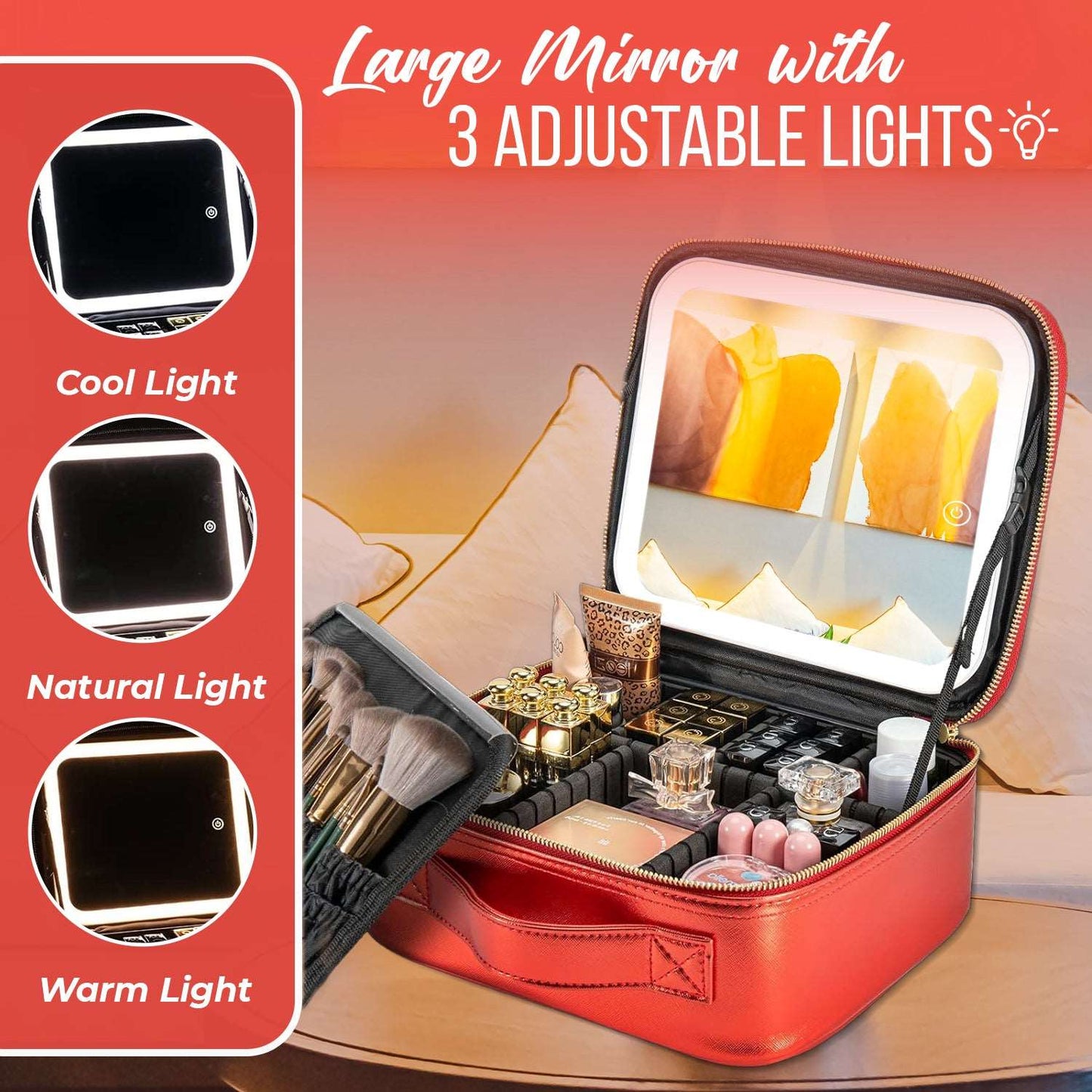 WESOUQ™ Travel Makeup Bag with Detachable Mirror,3 Color LED Adjustable Brightness, Waterproof Cosmetic Bag