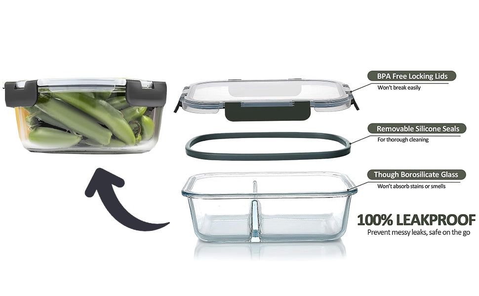 WESOUQ™ 24 Piece Glass Lunch Box Set, Reusable Glass Food Container, Healthy Lunch eco-friendly