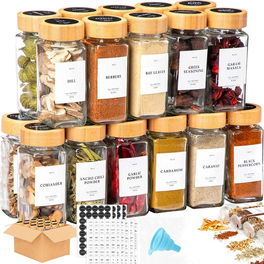 WESOUQ™ Spice Jars With Label and Organizer Bamboo LidBottles, 24 pcs Empty Glass Spice Jars