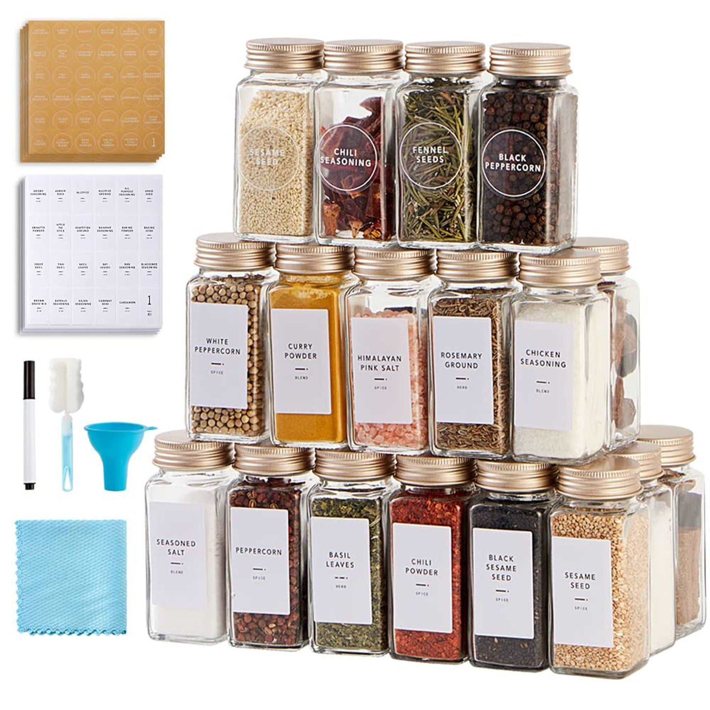 WESOUQ™ Spice Jars With Label and Organizer Bamboo LidBottles, 24 pcs Empty Glass Spice Jars