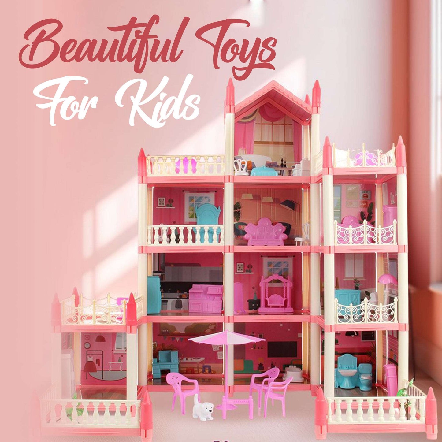 WESOUQ™  Doll House Dollhouse - 3 Story 9 Rooms Pink Diy Pretend Play Building Playset, Dollhouse