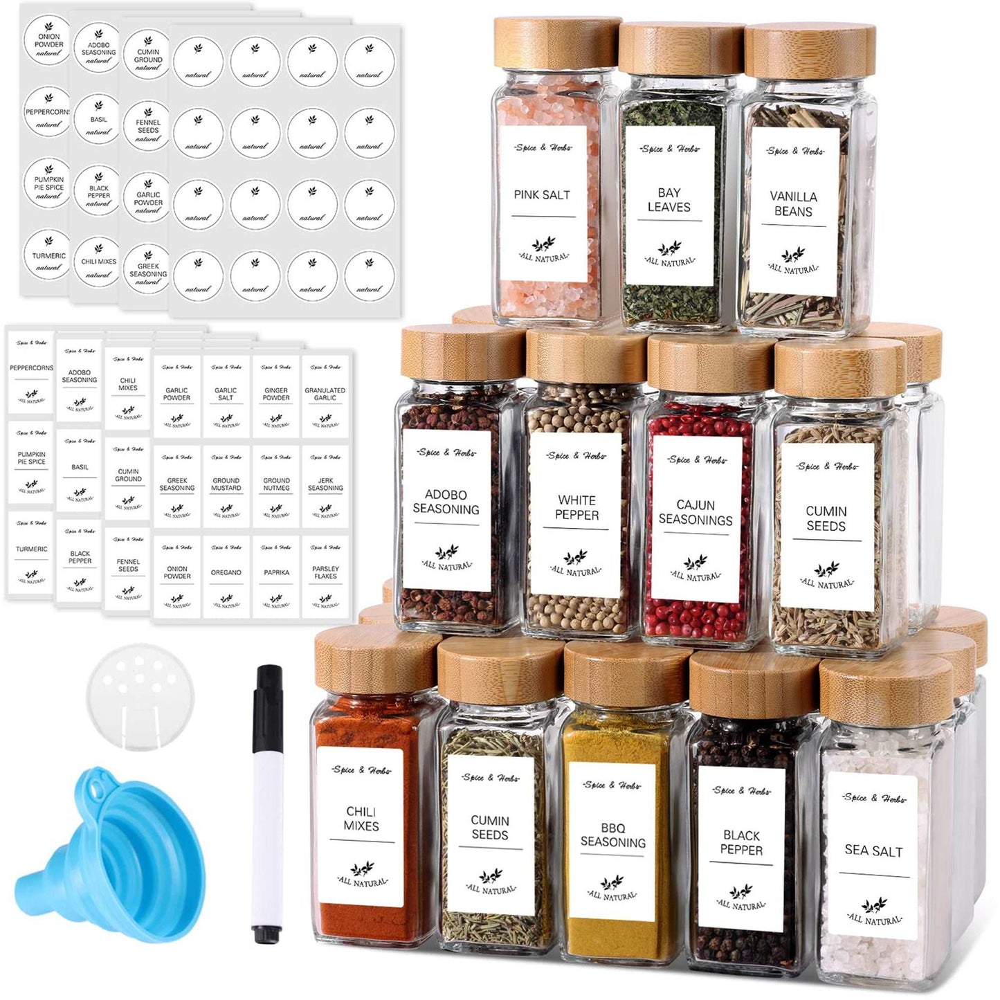 WESOUQ™ Spice Jars With Label and Organizer Bamboo LidBottles, 24 pcs Empty Glass Spice Jars