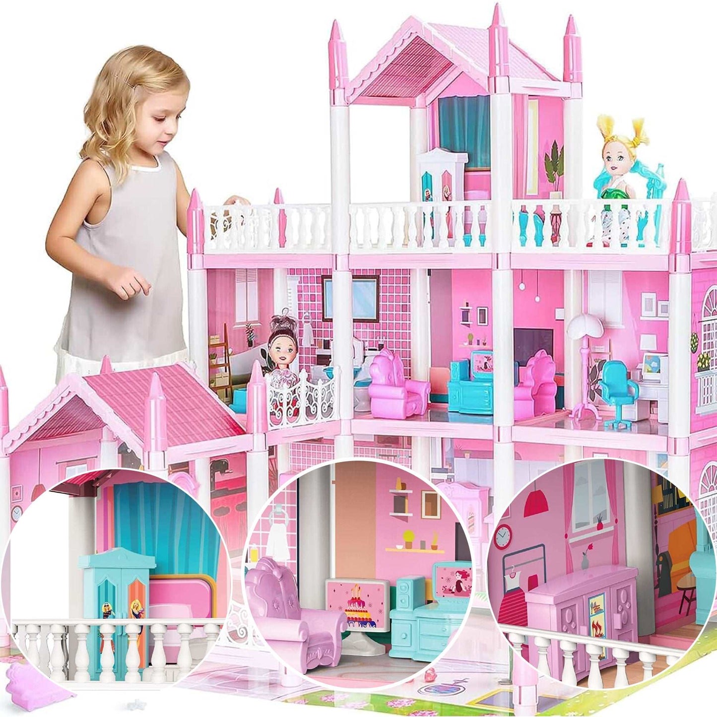 WESOUQ™  Doll House Dollhouse - 3 Story 9 Rooms Pink Diy Pretend Play Building Playset, Dollhouse