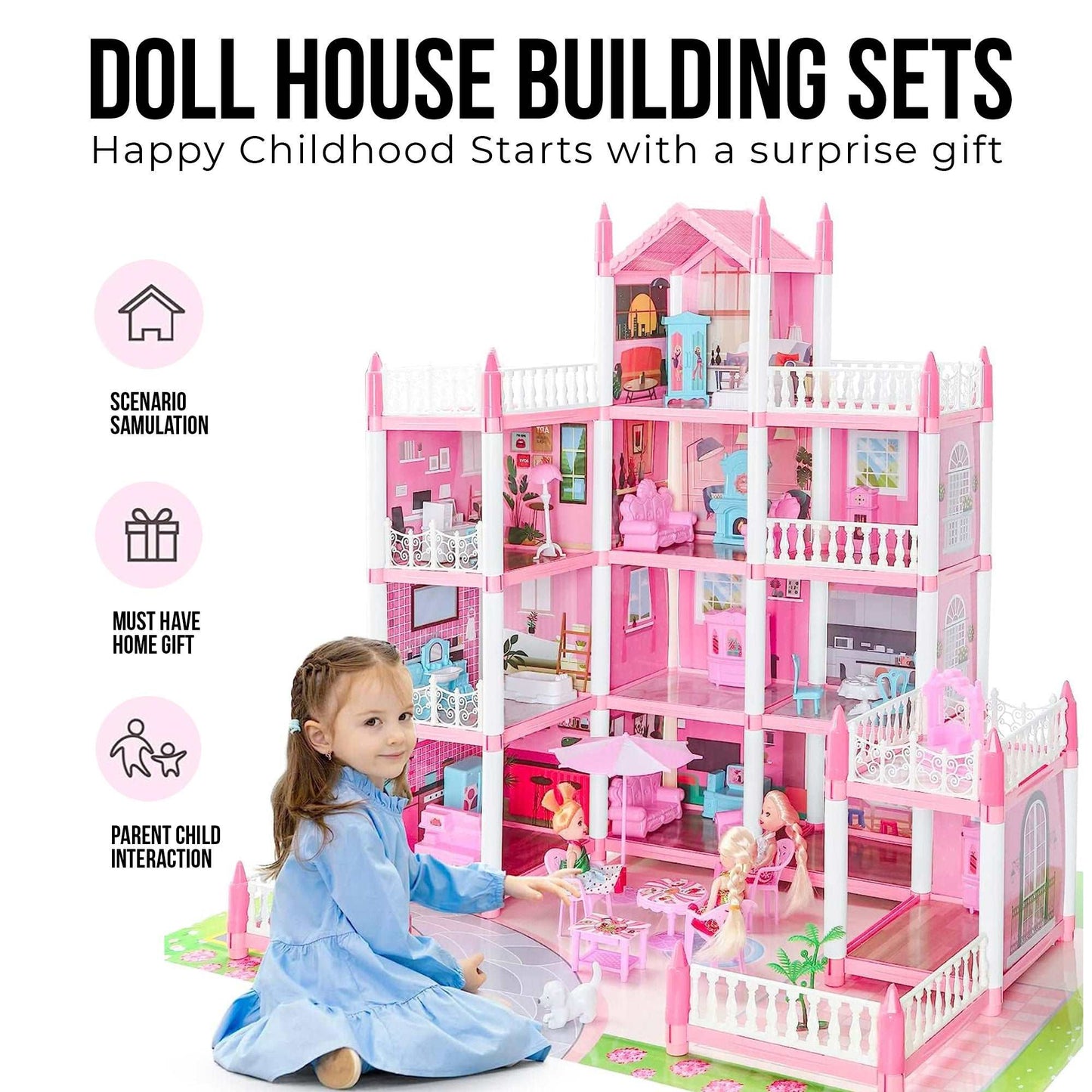 WESOUQ™  Doll House Dollhouse - 3 Story 9 Rooms Pink Diy Pretend Play Building Playset, Dollhouse