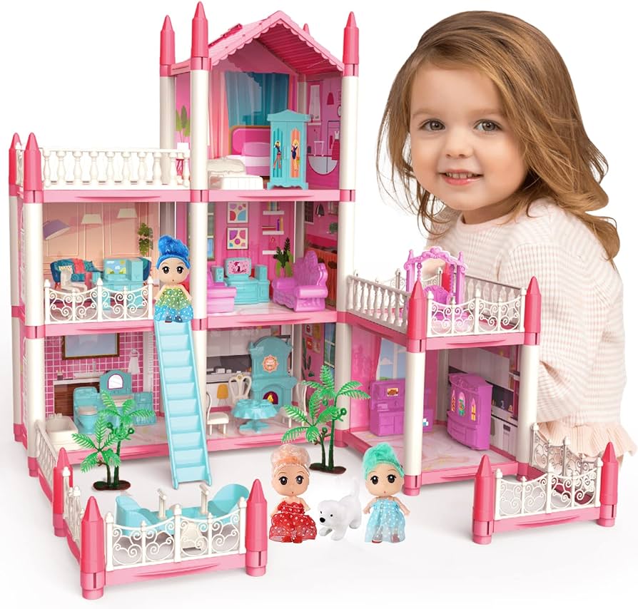 WESOUQ™  Doll House Dollhouse - 3 Story 9 Rooms Pink Diy Pretend Play Building Playset, Dollhouse