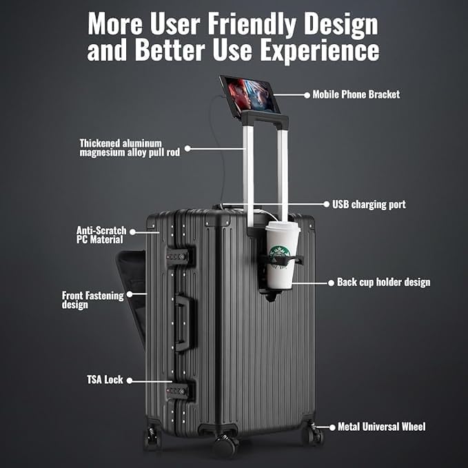 Carry-On Luggage with Spinner Wheels, Lock, USB Charging Port, Cup Holder – Lightweight Hardside Travel Trolley Suitcase with Leather Bag – Airline Approved