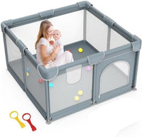 180x150 Baby Playpen with Mat,2 Pull Rings & Balls Foldable Indoor & Outdoor Toddler Play Yard Activity Center with Soft Foam Bumpers & Breathable Mesh Sides (small playpen with pull rings)
