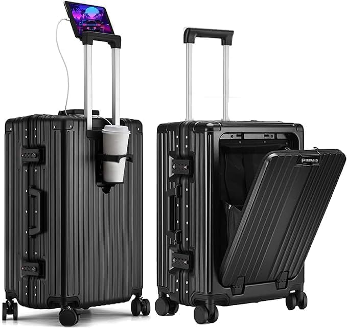 Carry-On Luggage with Spinner Wheels, Lock, USB Charging Port, Cup Holder – Lightweight Hardside Travel Trolley Suitcase with Leather Bag – Airline Approved