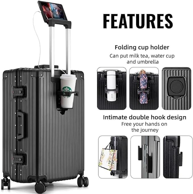 Carry-On Luggage with Spinner Wheels, Lock, USB Charging Port, Cup Holder – Lightweight Hardside Travel Trolley Suitcase with Leather Bag – Airline Approved