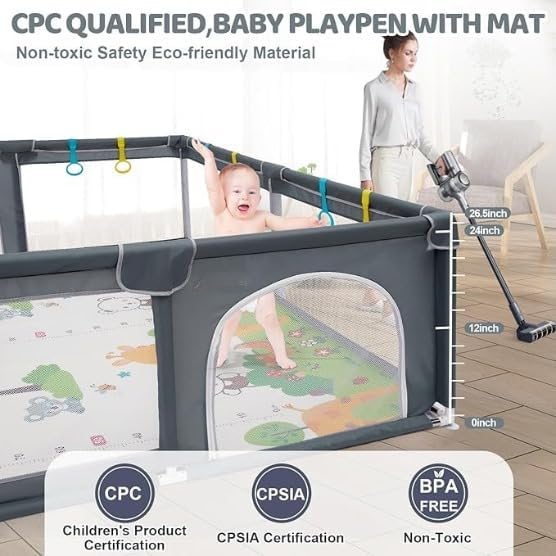 180x150 Baby Playpen with Mat,2 Pull Rings & Balls Foldable Indoor & Outdoor Toddler Play Yard Activity Center with Soft Foam Bumpers & Breathable Mesh Sides