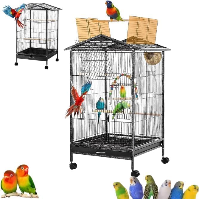 Bird Cage with Rolling Stand – 38" Large Metal Parrot Aviary for Indoor Small & Medium Birds – Macaws, Budgies, Pigeons, Cockatiels – Open Top Design with Perch & Feeding Bowls