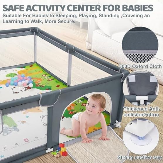 180x150 Baby Playpen with Mat,2 Pull Rings & Balls Foldable Indoor & Outdoor Toddler Play Yard Activity Center with Soft Foam Bumpers & Breathable Mesh Sides