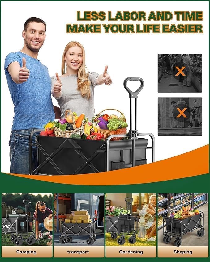 MONOCUS 150 kg Collapsible Folding Wagon, Portable Large Trolley cart, Bearing Heavy Capacity Beach Garden Shopping Carts & Stroller Wagon, Utility Adjustable Handle Outdoor Camping with Heavy Wheels