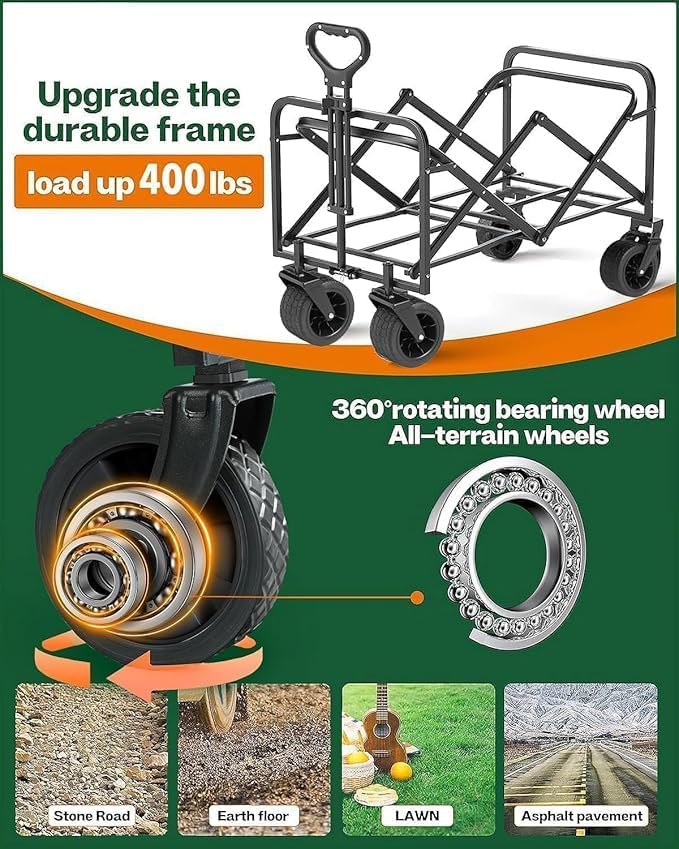 MONOCUS 150 kg Collapsible Folding Wagon, Portable Large Trolley cart, Bearing Heavy Capacity Beach Garden Shopping Carts & Stroller Wagon, Utility Adjustable Handle Outdoor Camping with Heavy Wheels