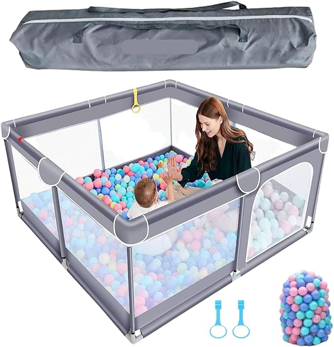 Baby Playpen with Mat 120 * 120, Play Yard for Babies and Toddlers, Safety Baby Fence, Indoor & Outdoor Kids Activity Play Center with 2 Pull Rings, 1 Mat, Anti-Slip Suckers and 2 Zipper Gate
