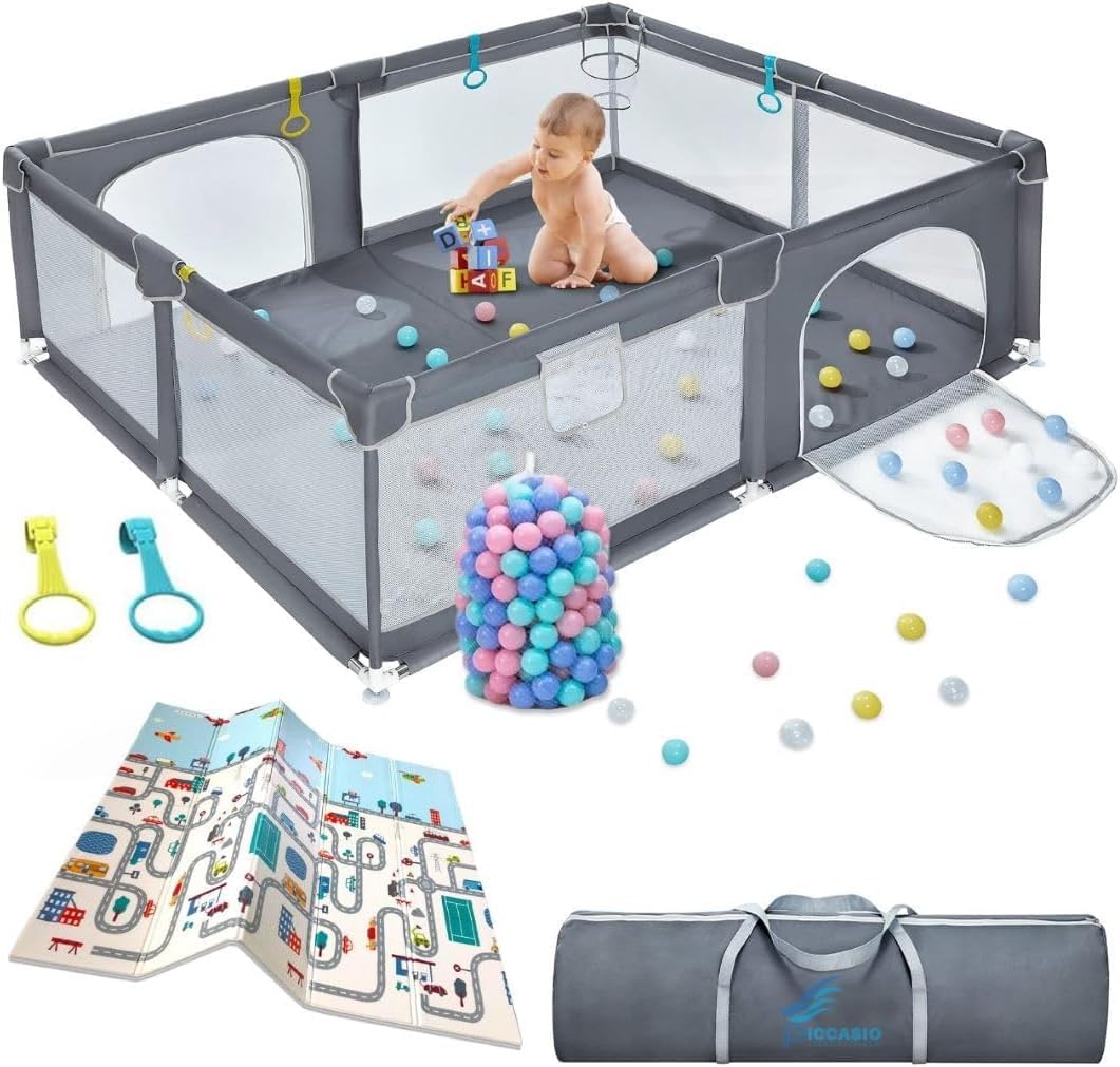 Baby Playpen with Mat 120 * 120, Play Yard for Babies and Toddlers, Safety Baby Fence, Indoor & Outdoor Kids Activity Play Center with 2 Pull Rings, 1 Mat, Anti-Slip Suckers and 2 Zipper Gate