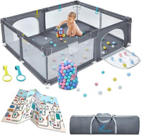 Baby Playpen with Mat 120 * 120, Play Yard for Babies and Toddlers, Safety Baby Fence, Indoor & Outdoor Kids Activity Play Center with 2 Pull Rings, 1 Mat, Anti-Slip Suckers and 2 Zipper Gate