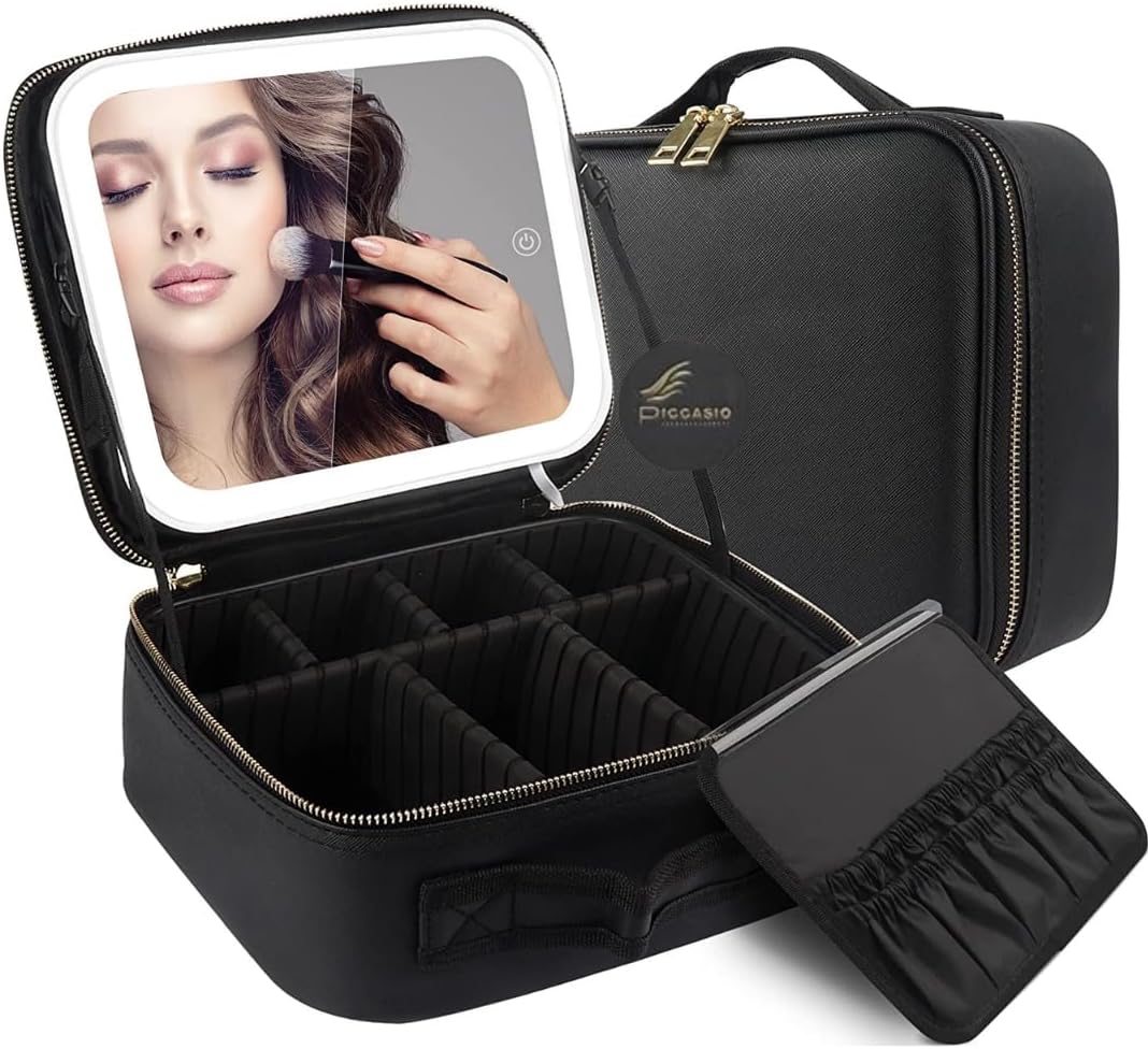 WESOUQ™ Travel Makeup Bag with Detachable Mirror,3 Color LED Adjustable Brightness, Waterproof Cosmetic Bag