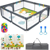 180x150 Baby Playpen with Mat,2 Pull Rings & Balls Foldable Indoor & Outdoor Toddler Play Yard Activity Center with Soft Foam Bumpers & Breathable Mesh Sides
