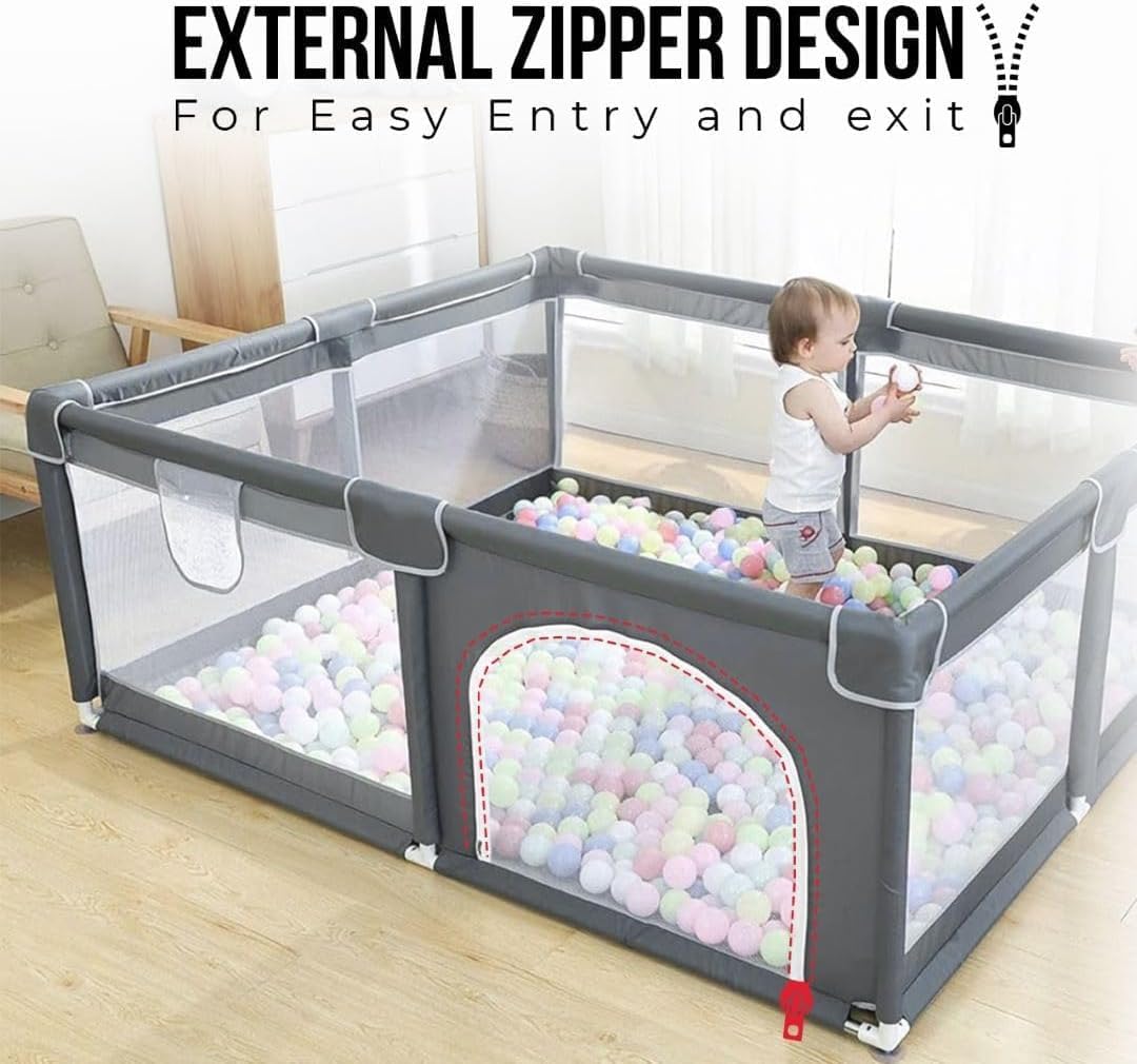 Baby Playpen with Mat 120 * 120, Play Yard for Babies and Toddlers, Safety Baby Fence, Indoor & Outdoor Kids Activity Play Center with 2 Pull Rings, 1 Mat, Anti-Slip Suckers and 2 Zipper Gate