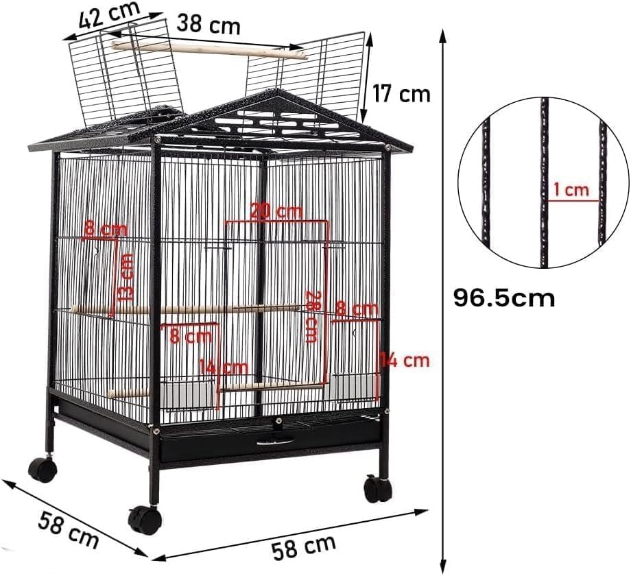 Bird Cage with Rolling Stand – 38" Large Metal Parrot Aviary for Indoor Small & Medium Birds – Macaws, Budgies, Pigeons, Cockatiels – Open Top Design with Perch & Feeding Bowls