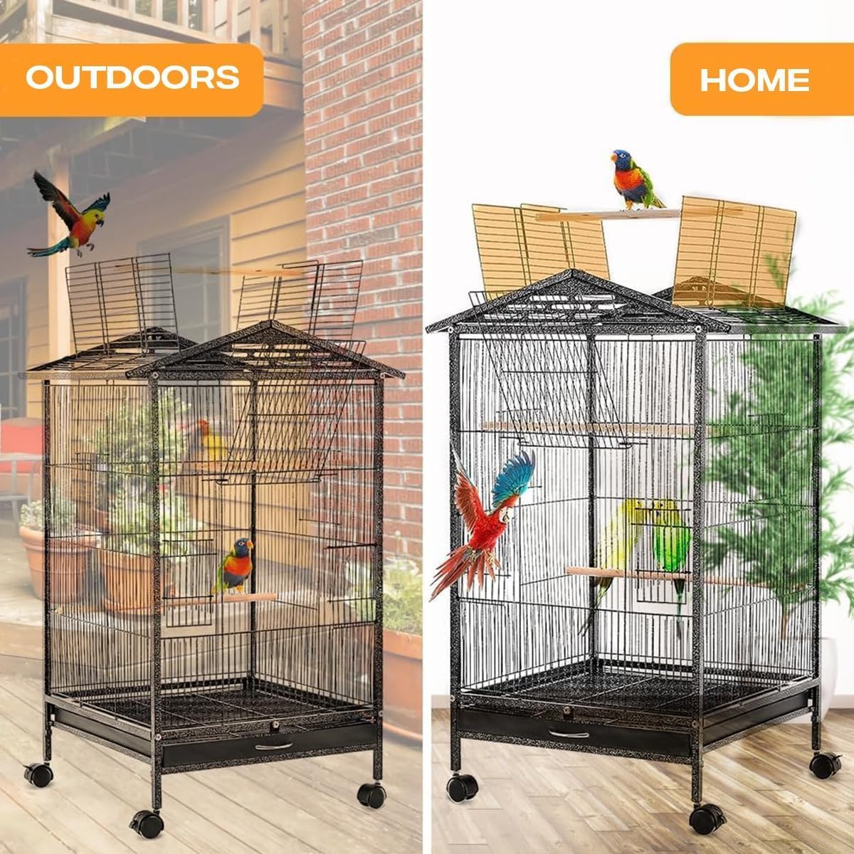 Bird Cage with Rolling Stand – 38" Large Metal Parrot Aviary for Indoor Small & Medium Birds – Macaws, Budgies, Pigeons, Cockatiels – Open Top Design with Perch & Feeding Bowls