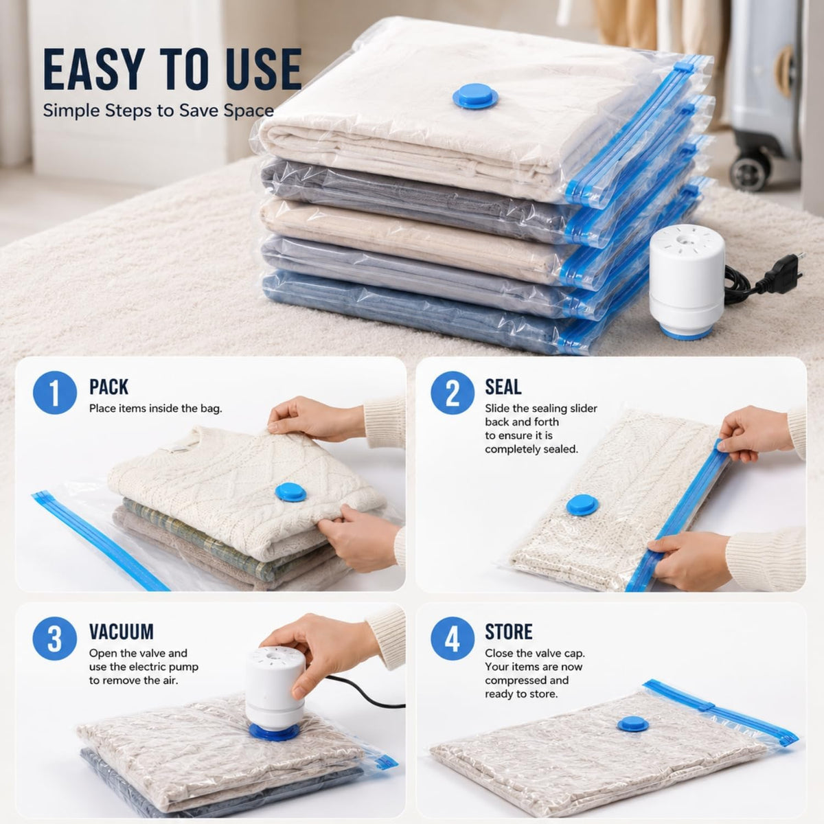 20 Vacuum Storage Bags with Electric Pump – Space Saver for Clothes, Travel Vacuum Bag Set with 6 Small, 6 Medium, 5 Large & 3 Jumbo Compression Bags for Packing, Blankets, Pillows & Home