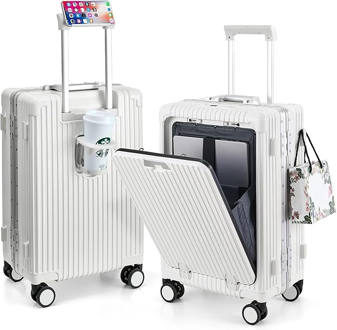 Carry-On Luggage with Spinner Wheels, Lock, USB Charging Port, Cup Holder – Lightweight Hardside Travel Trolley Suitcase with Leather Bag – Airline Approved