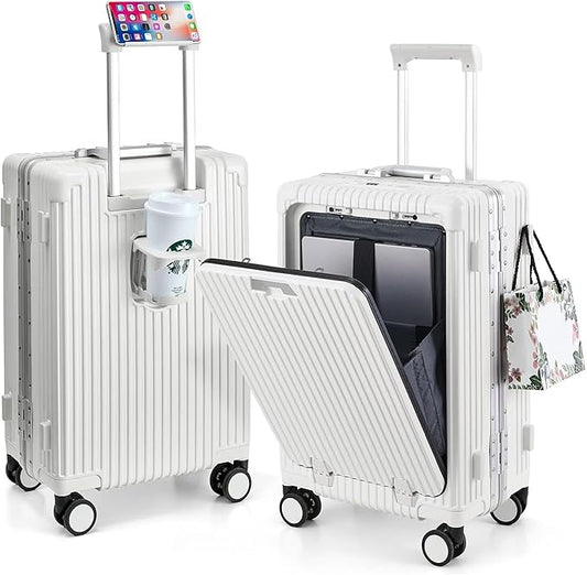 Carry-On Luggage with Spinner Wheels, Lock, USB Charging Port, Cup Holder – Lightweight Hardside Travel Trolley Suitcase with Leather Bag – Airline Approved
