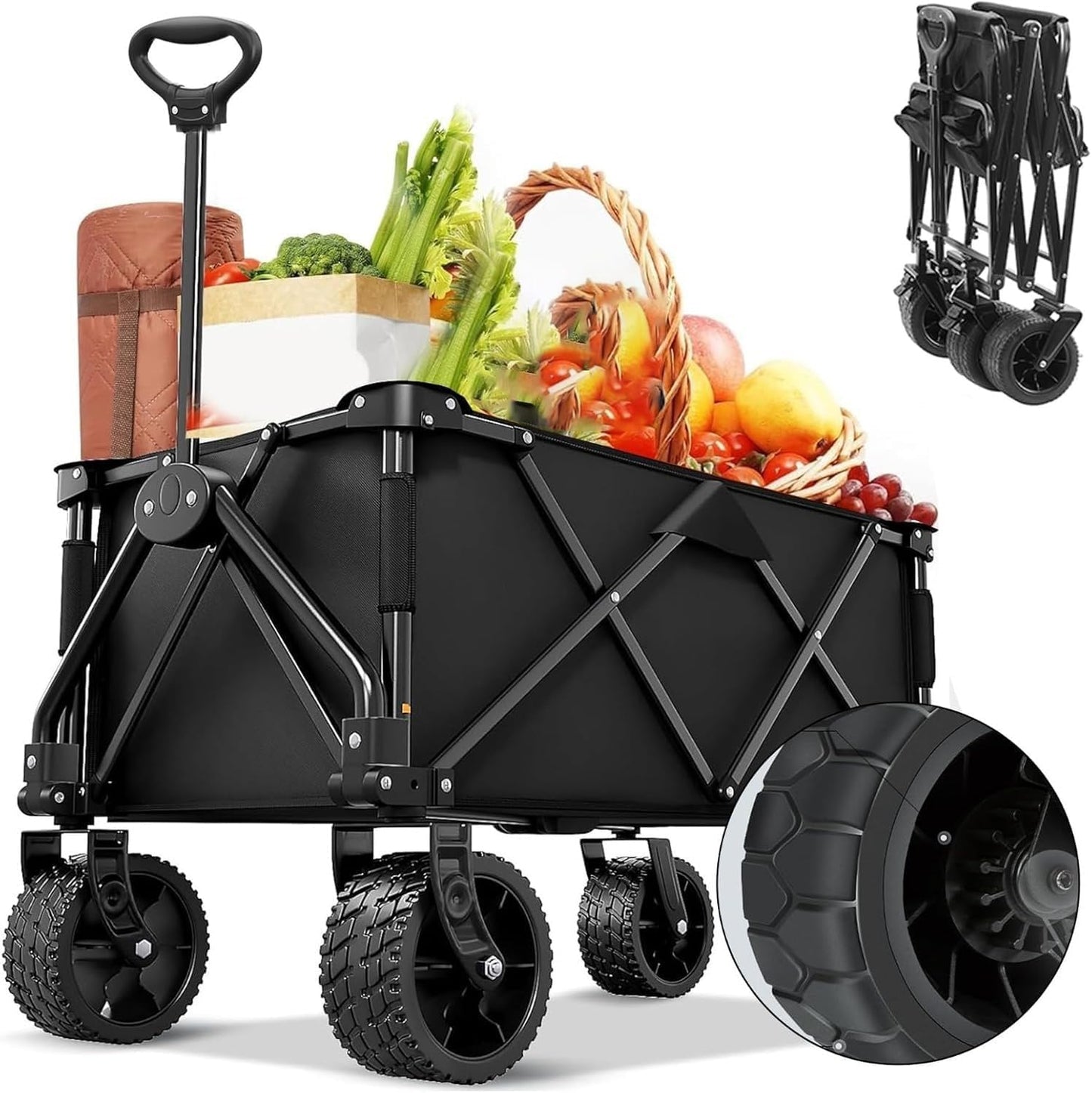 MONOCUS 150 kg Collapsible Folding Wagon, Portable Large Trolley cart, Bearing Heavy Capacity Beach Garden Shopping Carts & Stroller Wagon, Utility Adjustable Handle Outdoor Camping with Heavy Wheels