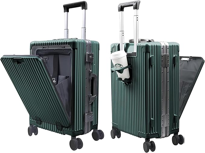 Carry-On Luggage with Spinner Wheels, Lock, USB Charging Port, Cup Holder – Lightweight Hardside Travel Trolley Suitcase with Leather Bag – Airline Approved