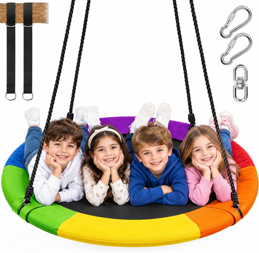 Toddler Baby Swing, Saucer Tree Swing with Multi Stranded Ropes For Outdoor & Indoor Playground &2 Additional Hanging Strap, Gym Sets, Backyard