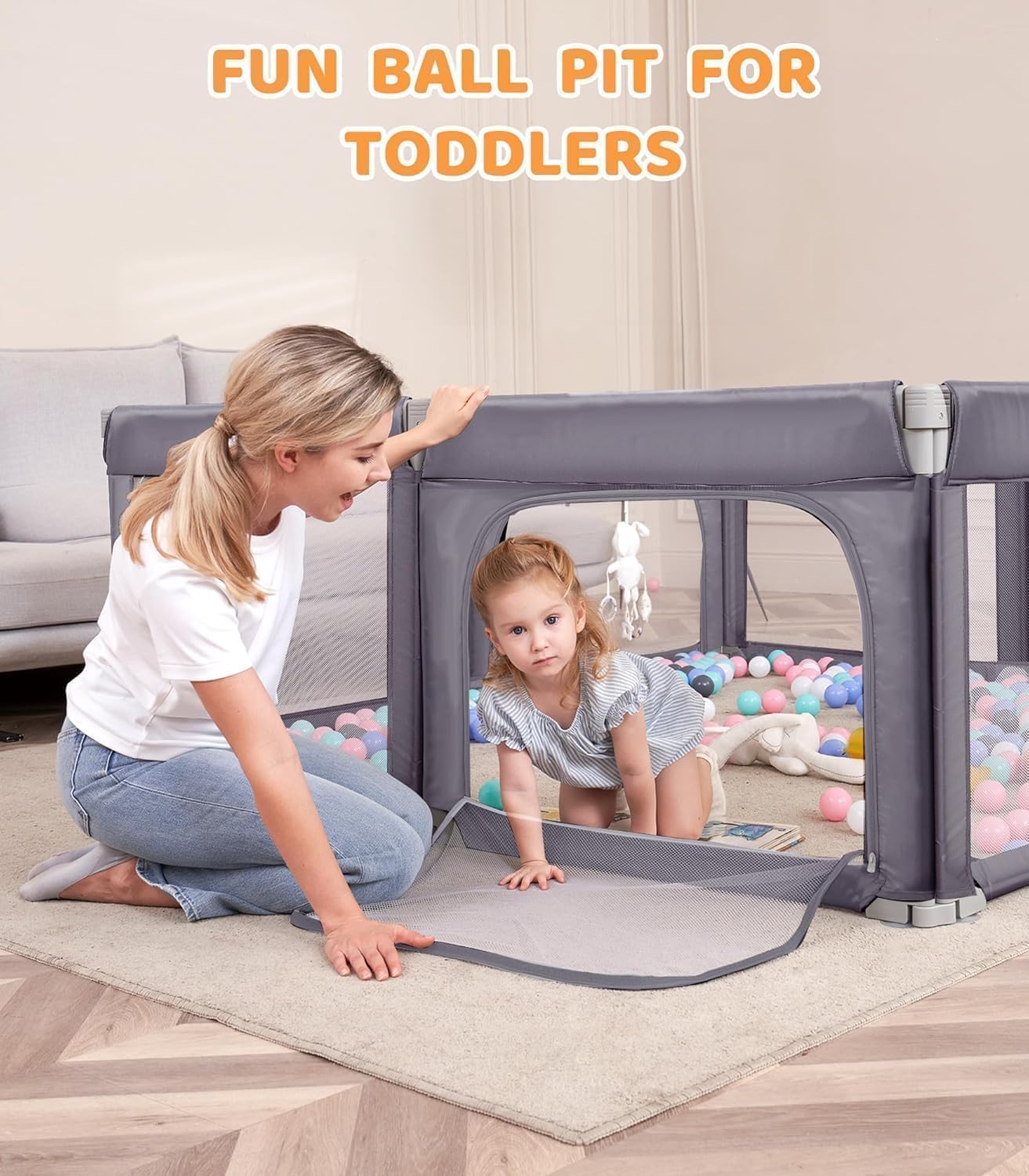 180x150 Baby Playpen with Mat,2 Pull Rings & Balls Foldable Indoor & Outdoor Toddler Play Yard Activity Center with Soft Foam Bumpers & Breathable Mesh Sides (small playpen with pull rings)