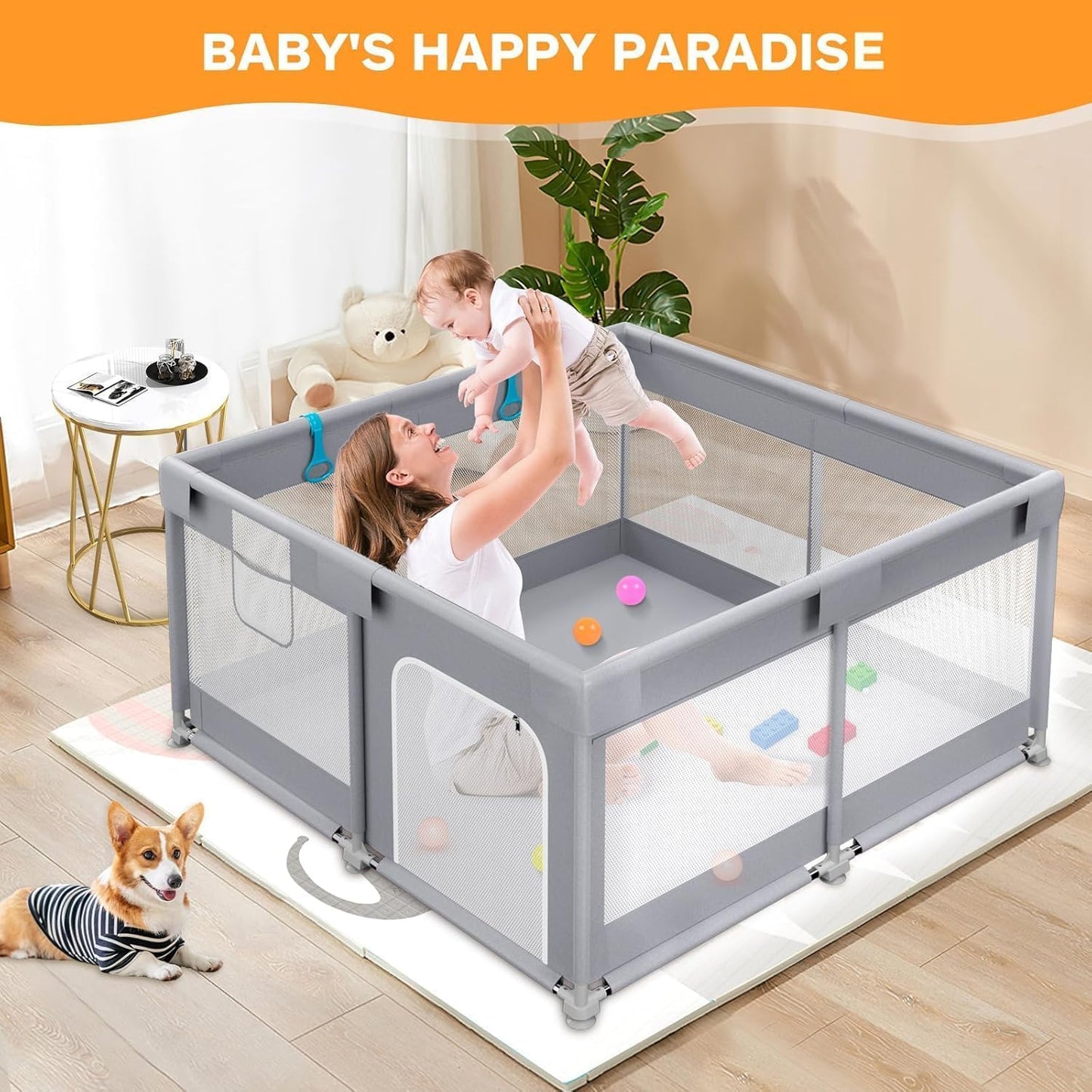 120x120 Baby Playpen with 2 Pull Rings - Portable Safe Indoor & Outdoor Playard & Activity Center, Baby Bumper Foam Play Fence with Breathable Mesh Sides