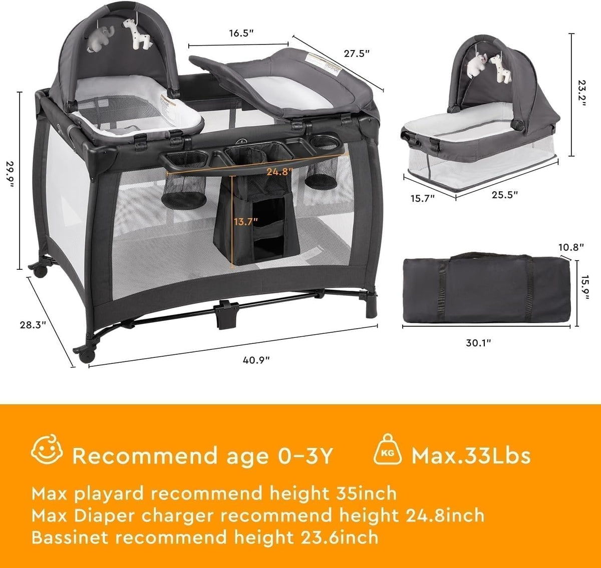 Baby Bed, Foldable Bedside Sleeper & Playard, 5 in 1 Bassinet & Crib, Travel Nursery Center With Toys & Music Box,Baby cot & Playpen Newborn Diaper Changing Table