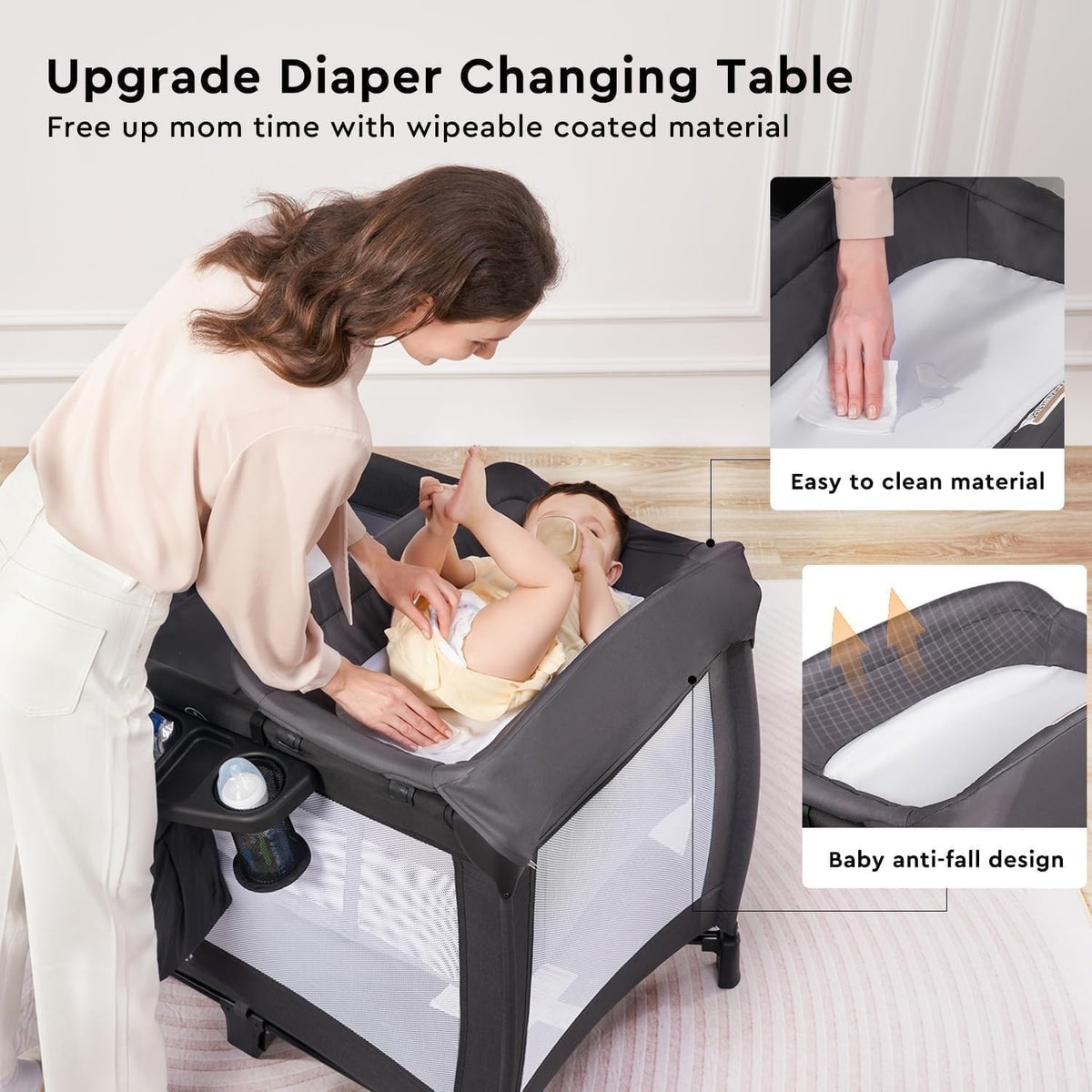 Baby Bed, Foldable Bedside Sleeper & Playard, 5 in 1 Bassinet & Crib, Travel Nursery Center With Toys & Music Box,Baby cot & Playpen Newborn Diaper Changing Table