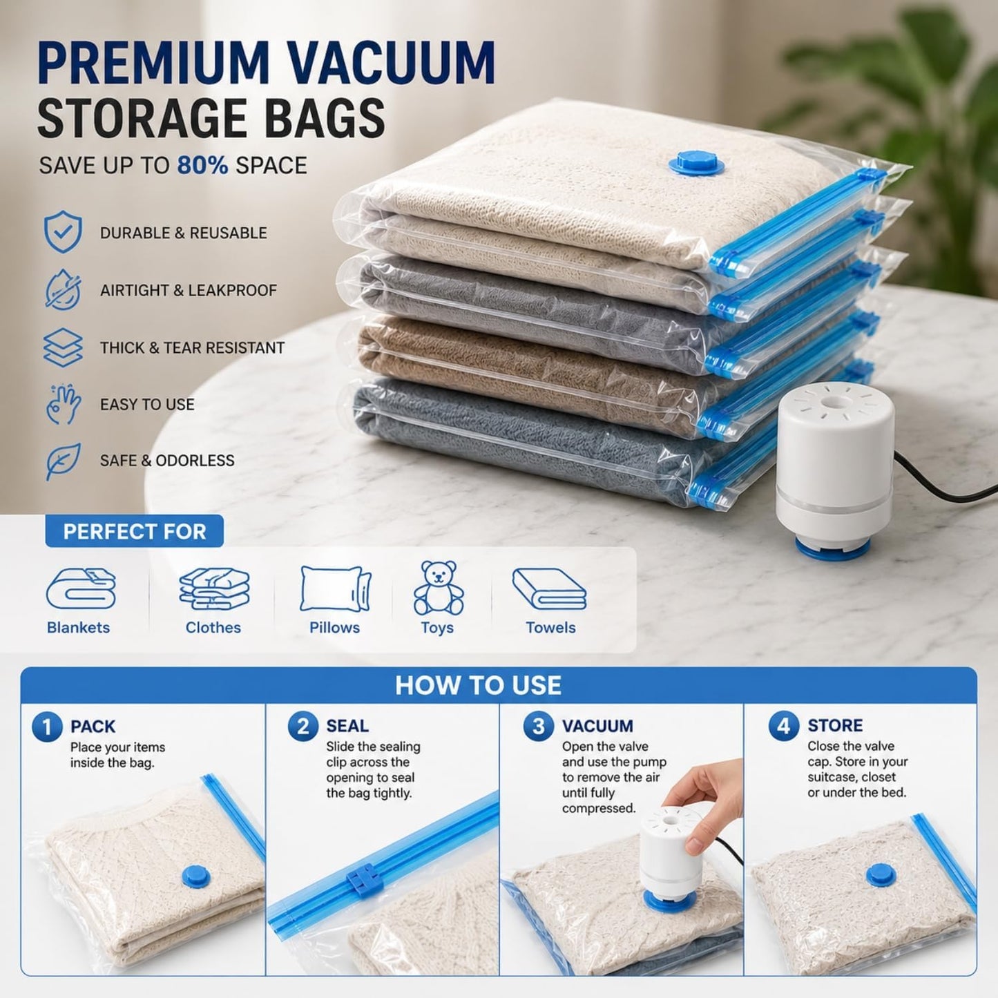 20 Vacuum Storage Bags with Electric Pump – Space Saver for Clothes, Travel Vacuum Bag Set with 6 Small, 6 Medium, 5 Large & 3 Jumbo Compression Bags for Packing, Blankets, Pillows & Home