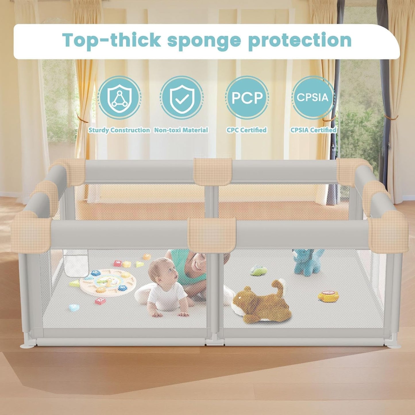 Baby Playpen with Mat 120 * 120, Play Yard for Babies and Toddlers, Safety Baby Fence, Indoor & Outdoor Kids Activity Play Center with 2 Pull Rings, 1 Mat, Anti-Slip Suckers and 2 Zipper Gate