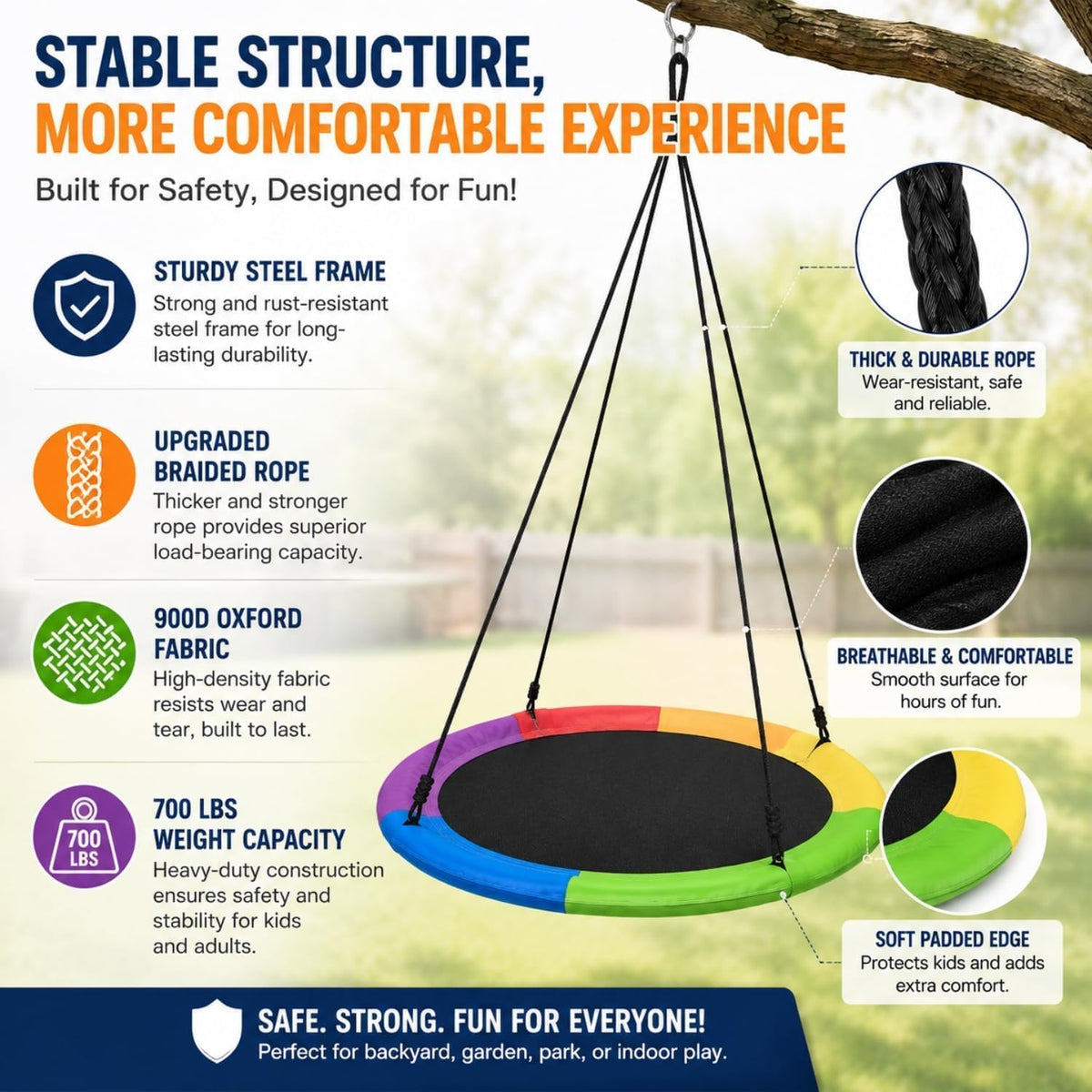Toddler Baby Swing, Saucer Tree Swing with Multi Stranded Ropes For Outdoor & Indoor Playground &2 Additional Hanging Strap, Gym Sets, Backyard