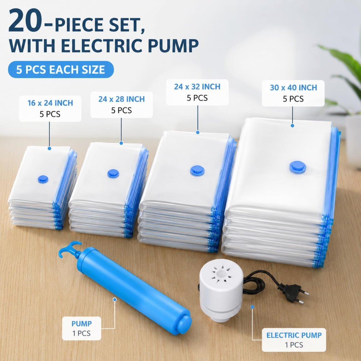 20 Vacuum Storage Bags with Electric Pump – Space Saver for Clothes, Travel Vacuum Bag Set with 6 Small, 6 Medium, 5 Large & 3 Jumbo Compression Bags for Packing, Blankets, Pillows & Home