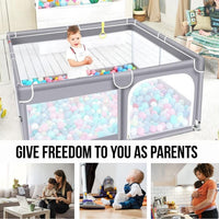 Baby Playpen with Mat 120 * 120, Play Yard for Babies and Toddlers, Safety Baby Fence, Indoor & Outdoor Kids Activity Play Center with 2 Pull Rings, 1 Mat, Anti-Slip Suckers and 2 Zipper Gate