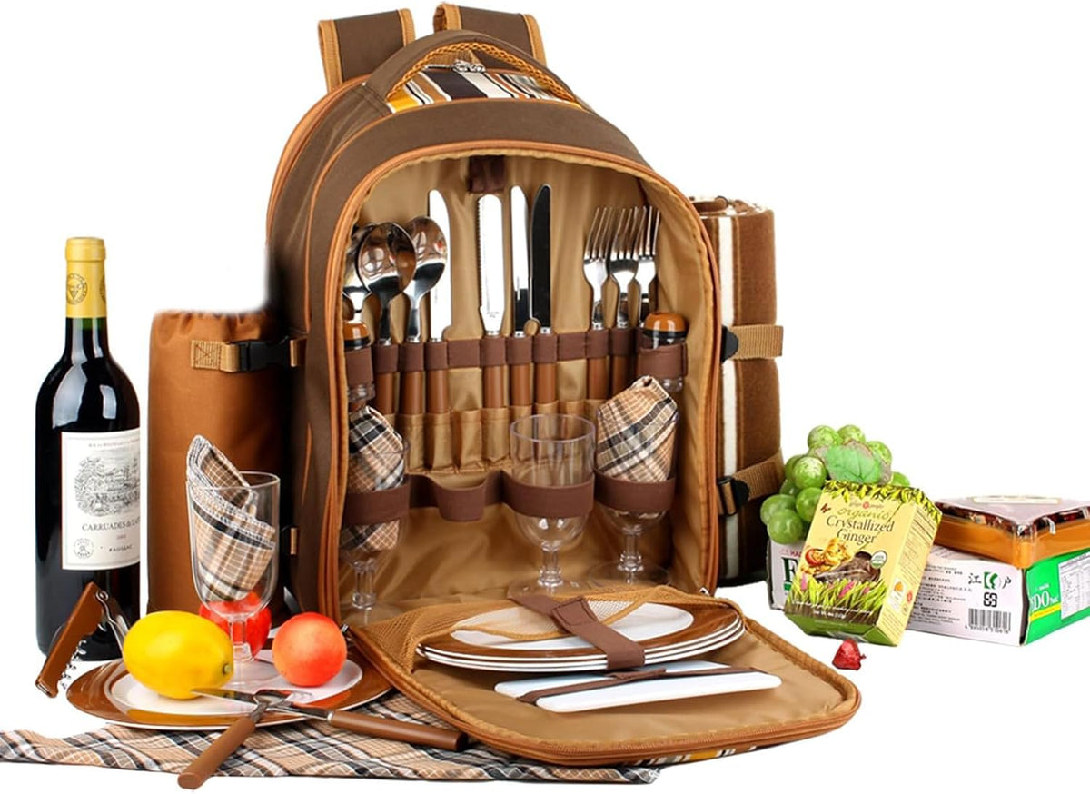 Picnic Backpack for Camping, Leakproof Insulated Cooler Bag with Wine Holder, Ice packs, Blanket, Cutlery Set & More - Lightweight & Spacious Picnic Basket for Beach, Travel