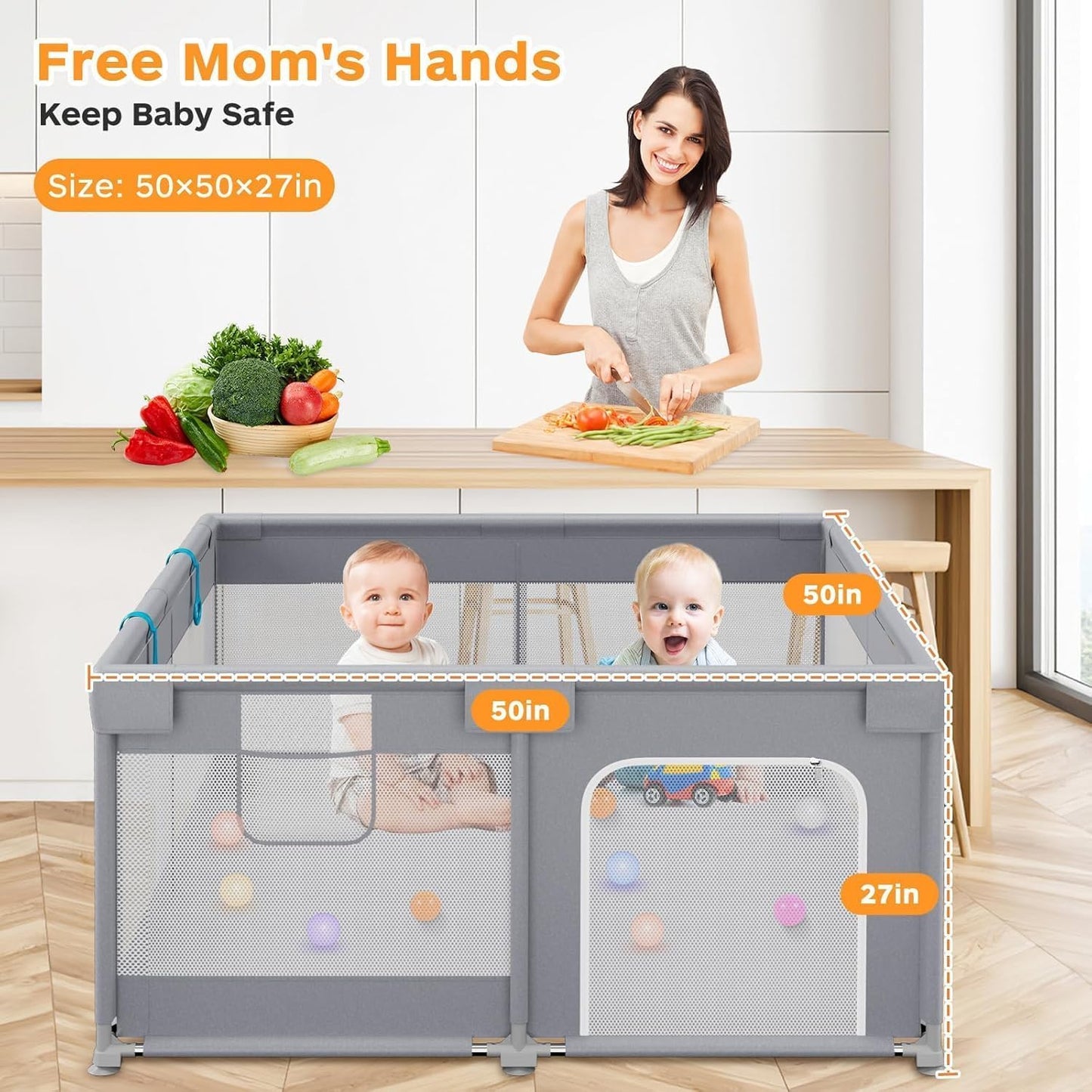 120x120 Baby Playpen with 2 Pull Rings - Portable Safe Indoor & Outdoor Playard & Activity Center, Baby Bumper Foam Play Fence with Breathable Mesh Sides