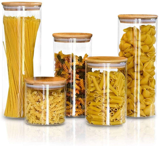 WESOUQ™ 5 Pcs Glass Jars with Bamboo Lids, Airtight High Borosillicate Container, Multi Sizes Clear Food Storage