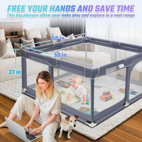 180x150 Baby Playpen with Mat,2 Pull Rings & Balls Foldable Indoor & Outdoor Toddler Play Yard Activity Center with Soft Foam Bumpers & Breathable Mesh Sides (small playpen with pull rings)