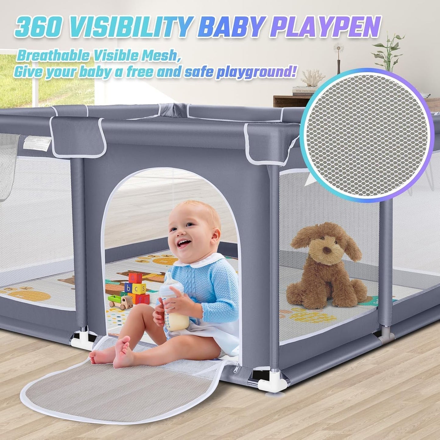 180x150 Baby Playpen with Mat,2 Pull Rings & Balls Foldable Indoor & Outdoor Toddler Play Yard Activity Center with Soft Foam Bumpers & Breathable Mesh Sides (small playpen with pull rings)